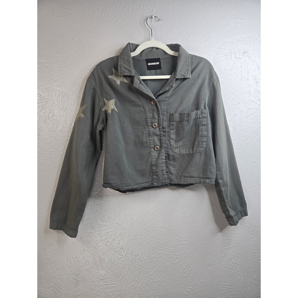 MONROW Star Embroidered Cropped Shirt Jacket XS Military Green Cotton Utility